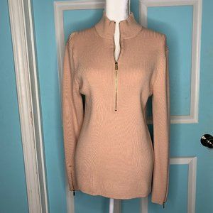 Calvin Klein Cream Long Sleeve Zip Up Sweater with Zippers on Sleeves Large